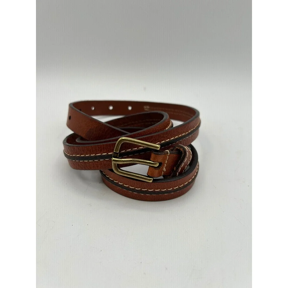Lands End SKinny Leather Belt Women XL Cognac Brown Contrast Stitch Brass Buckle